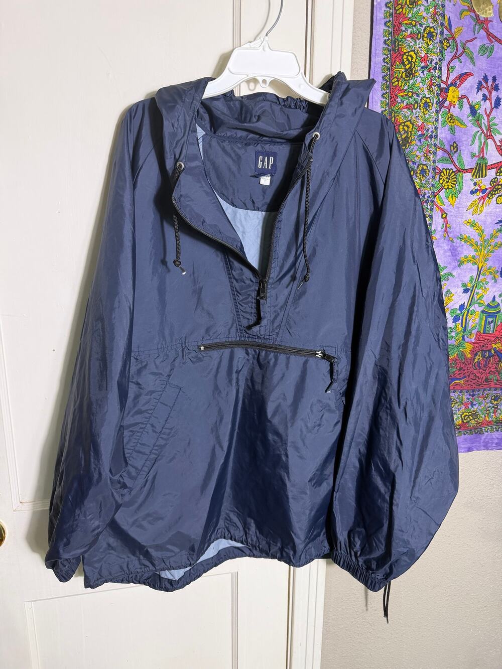 Vintage GAP XXL Navy Blue Nylon Anorak Windbreaker Pullover Hooded 90s